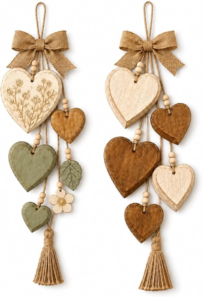 Rustic Solid Wood Heart Wall Hanging, Farmhouse Burlap Bow Decor with Distressed Wooden Hearts & Pendants, Romantic Art for Bedroom & Home Room, Vintage Charm Art Decor Signs(All Styles)
