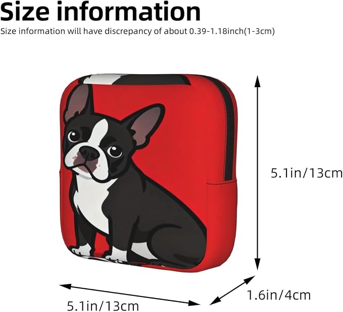 Multifunctional Period Storage Bag for Women Boston Terrier Dog Red, Compact Tampon Holder Pouch, Polyester Pad Bag Stores Cosmetic Jewelry Keys