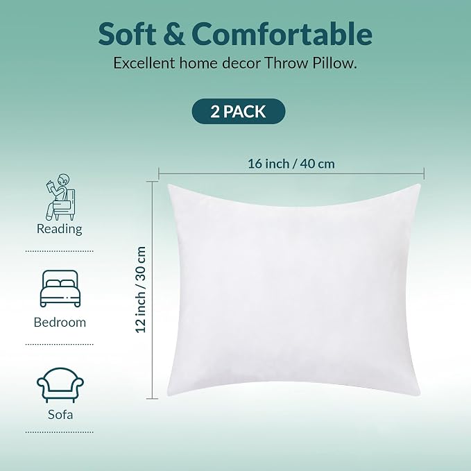 ROYALE LINENS 12 x 16 Pillow Insert - Down Alternative Throw Pillows Insert - Rectangle Pillow Pack of 2 White - Bed & Couch Pillows - Inner Cushion for Bed, Cushion for Living Room - Shams Stuffer