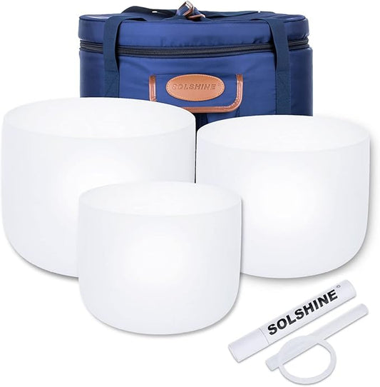 SOLSHINE 3PCS Crystal Singing Bowl Set 8 9 10 inch E G F Chakra Tuned With Singing Bowl Mallet Suede Strikers and O-rings