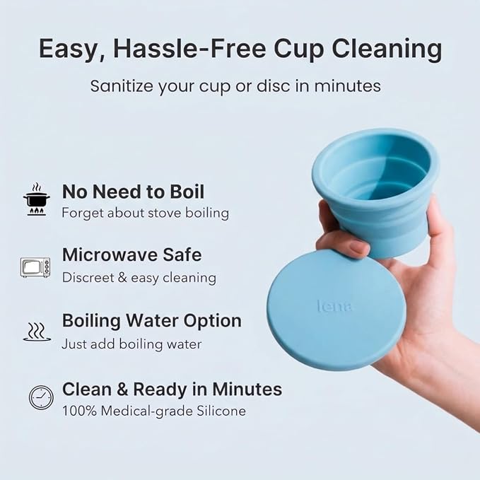 Lena Menstrual Cup Cleaner Case & Period Disc Sanitizer, Home and Travel Size Feminine Wash, Period Essentials for Women, Microwavable, Compact & Collapsible Silicone Container, Light Blue