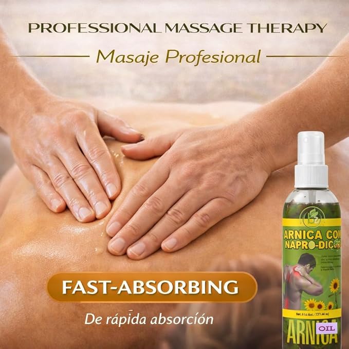 Arnica Sore Muscle Massage Oil(Aceite) – 6 fl oz – Natural Concentrated Body Oil for Muscles, Joints & Massage Therapy – Fast-Absorbing – Fresh Herbal Aroma – Soothing Relief – Daily Use Solution