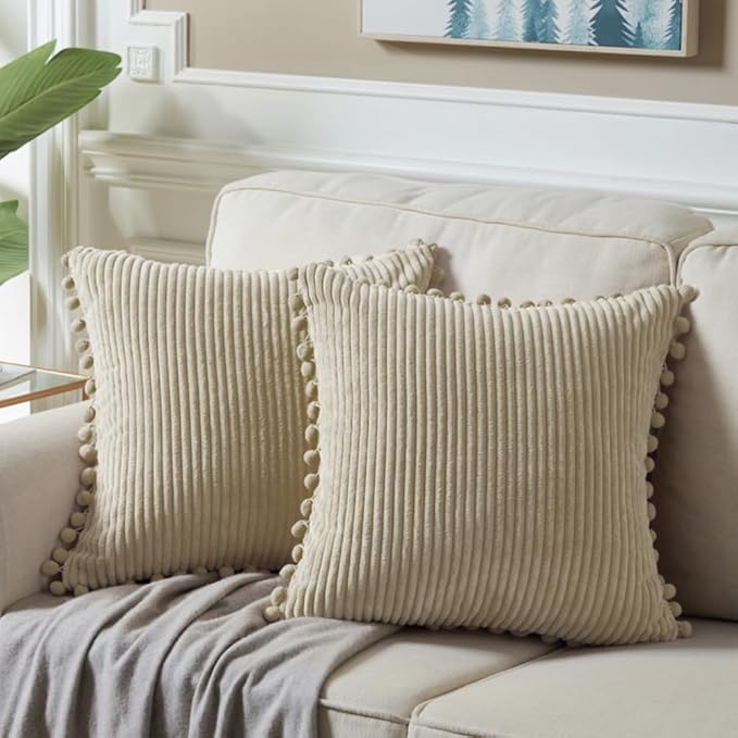 Fancy Homi Pack of 2 Tan Decorative Throw Pillow Covers with Pom-poms, Soft Corduroy Solid Square Cushion Cases Set for Living Room Couch Sofa Bedroom Car (16x16 Inch/40x40 cm, Tan)