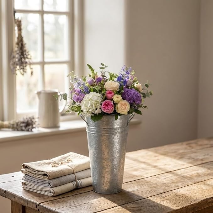 Hosley Set of 2 Galvanized Bucket/Pot Vase with PVC Liner, 5" Dia x 9" H Ideal Gift for Floral Arrangements Wedding Home Office Party DIY Indoor Outdoor Garden Patio