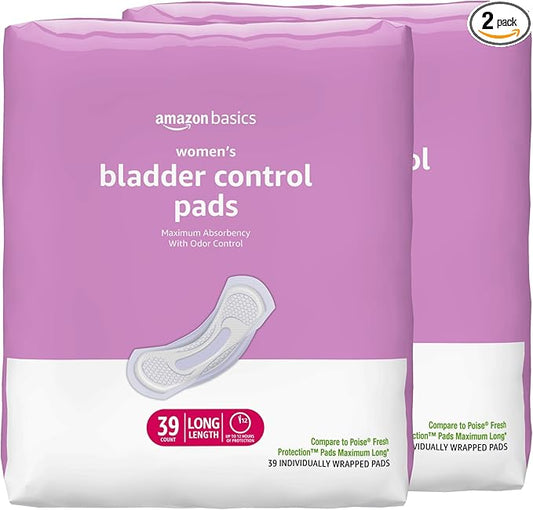 Amazon Basics Incontinence Pads for Women, Postpartum, Long, Maximum Absorbency, Bladder Control, Unscented, 78 Count (2 Packs of 39)