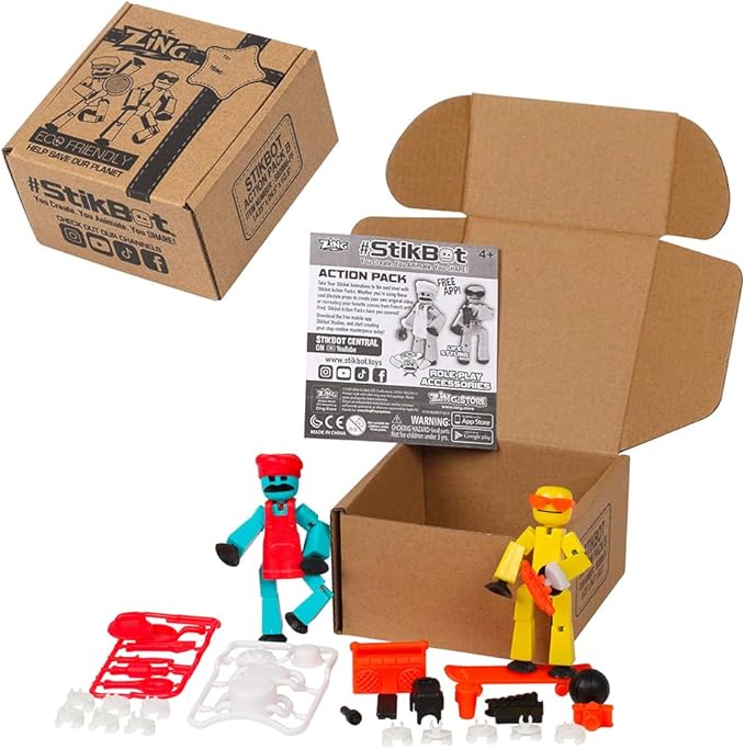 Zing Stikbot Chef and Lifestyle Dual Action Pack - Includes 2 Stikbots and Lots of Cool Accessories in Eco Friendly Packaging (Pack B - Blue & Yellow)