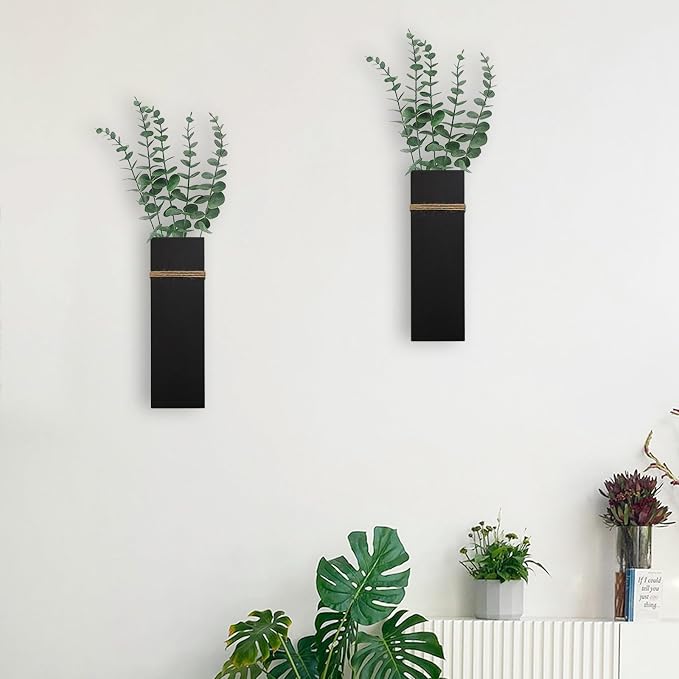 Wall Planters for Indoor Plants-2 Pack Wood Wall Vases for Dried Flowers & Artificial Plants Modern Farmhouse Wooden Vase for Living Room Bedroom Kitchen Decorations - Black