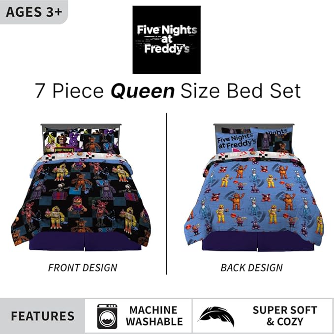 Five Nights At Freddy's Kids Bedding Super Soft & Cozy Comforter and Sheet Set with Sham, 7 Piece Queen Size, (Officially Licensed Product) By Franco