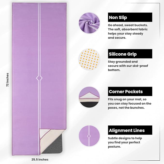 Yoga Drip Hot Yoga Towel – Non Slip Yoga Mat Towel with Corner Pockets, Silicone Grip Dots & Subtle Alignment Lines | Sweat Absorbent, Moisture Wicking, Quick Dry | No Bunching or Sliding | 72” x 26”
