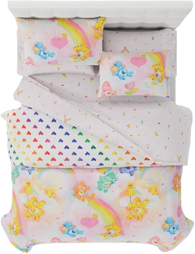 Care Bears Classic Retro Rainbow Bedding 7 Piece Super Soft Comforter and Sheet Set with Sham, Full, (100% Official Licensed Product) By Franco Collectibles
