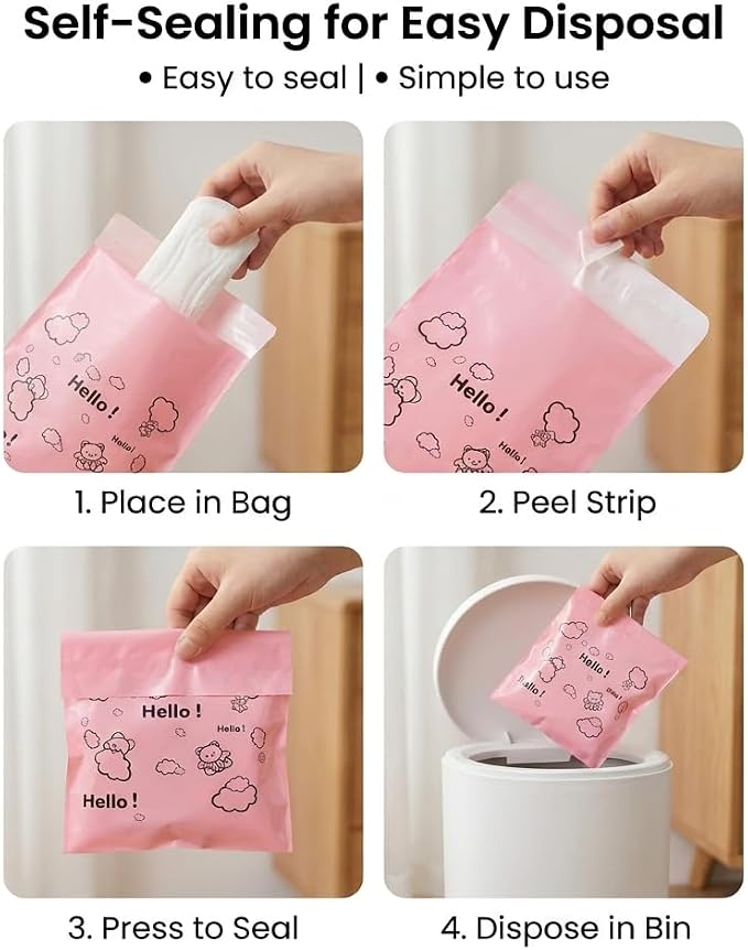 [110 Count] Bynibiny Pink Feminine Hygiene Disposal Bags for Pads & Tampons | PE Self-Sealing Sanitary Napkin Bags with Adhesive Strip, 29x17cm, Teddy Bear Print, Discreet for Bathroom, Travel, Office
