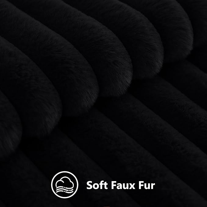 decorUhome Fall Faux Fur Throw Pillow Covers 24x24 Set of 2 Black | Decorative Soft Cozy Striped Plush Modern Farmhouse Boho Couch Pillow Cases Velvet Back for Sofa Bed Living Room Home Decor