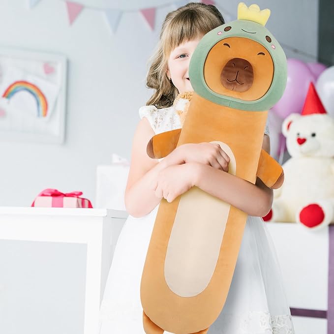 36 inch Extra Capybara Plush Long Pillow Toy Soft Stuffed Animal with Cute Dinosaur, Large Cuddle Sleeping Body Capybara Brown Big Plushies Gifts for Kids Boys Girls, Birthday