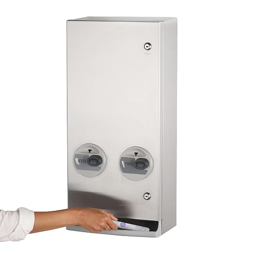 Bobrick Napkin and Tampon Dispenser, Free Vend, Surface-Mounted, ADA Compliant, Stainless Steel, Satin Finish Holds 30 Tampons & 20 Napkins Push-Button Operation Easy Access Adjustable Coin Settings