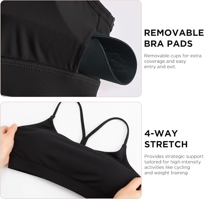 Raxnode Women's 3-Pack Y-Back Sports Bra, Thin Spaghetti Strap Nylon Yoga Bra with Removable Cups, Light Support Bralettes