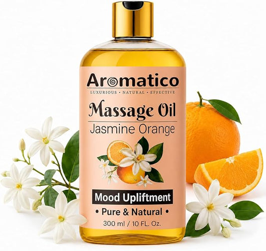 AROMATICO Massage Oil for Massage Therapy with Jasmine & Orange Essential Oils. Infused with Sesame, Almond & Jojoba Oils. Full Body Massage Oil for Mood Upliftment – 10 Fl Oz