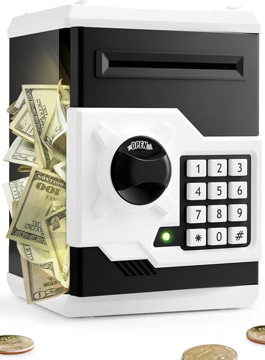 Piggy Bank for Girls Boys Large Electronic Money Coin Banks with Password Protection, Automatic Paper Money Scroll Saving Box, Great Gift for Kids(Black-White)