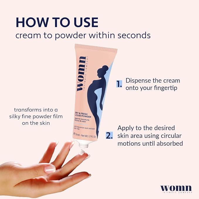 womn Liquid Body Powder for Women, Sweat, Chafing & Odor Relief 1.7 fl oz | Talc-free cream-to-powder formula. Absorbs moisture, helps reduce friction & odor. For groin, underboob & inner thighs.