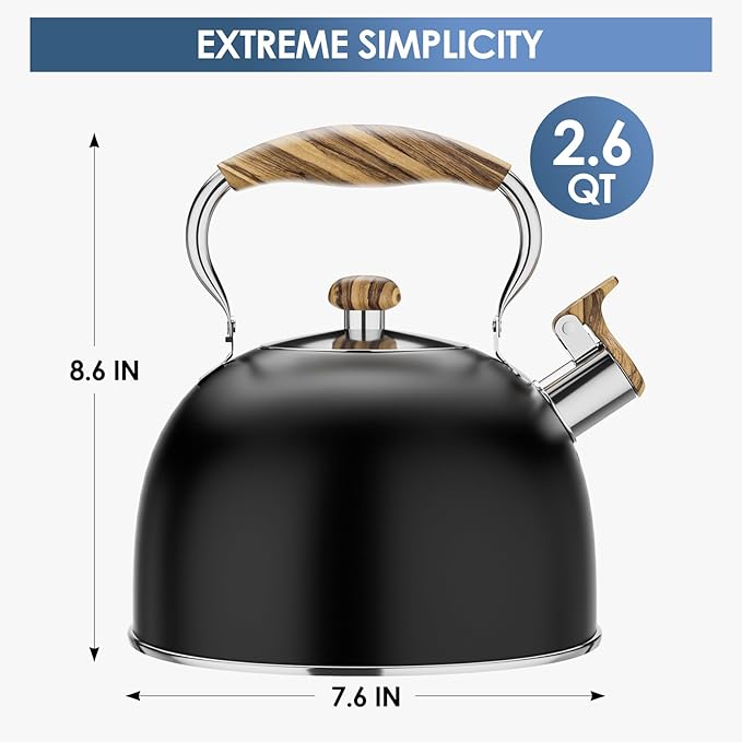 2.6 Quart Whistling Tea Kettle for Stovetop, Black | Food Grade Stainless Steel with Cool Wood Pattern Handle, Induction Compatible