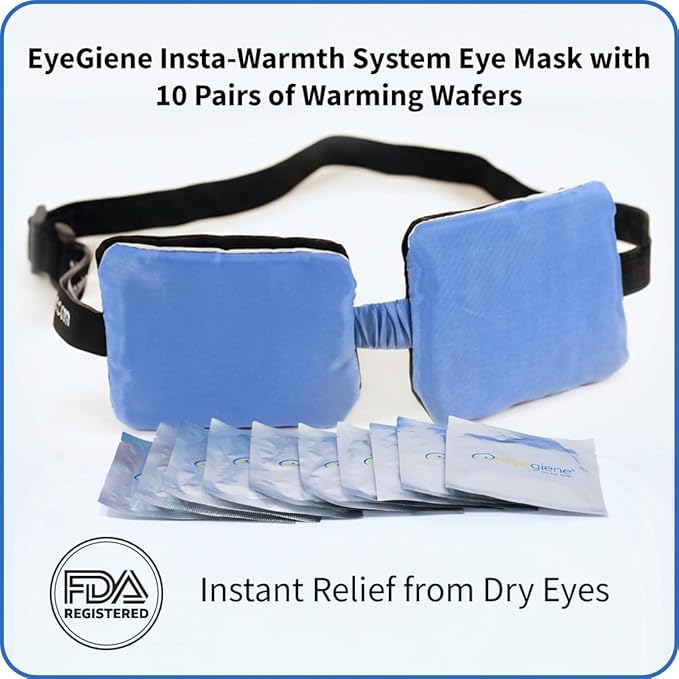 EyeGiene Insta-Warmth System Eye Mask with 10 Pairs of Warming Wafers, Heated Dry Eye Mask, Multi-Use Heat Treatment for Dryness, Fatigue, Styes, Blepharitis, Medical Device, Travel Accessories
