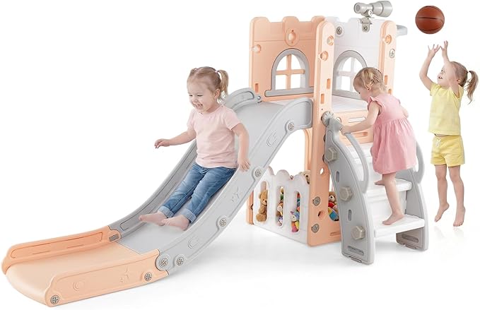 OLAKIDS Toddler Slide, 6 in 1 Kids Indoor Outdoor Playground with Climber Basketball Hoop Telescope Toy Storage for Boys Girls Aged 1+ (Pink, 27'')