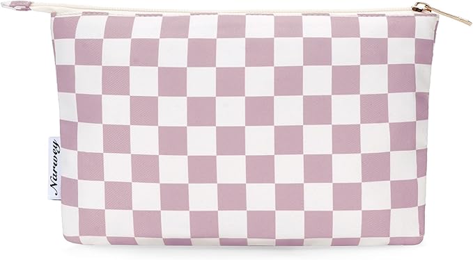 Narwey Small Checkered Makeup Bag for Purse Small Cosmetic Bag Women Travel Makeup Pouch Zipper Pouch (Dusty Rose Checkerboard)