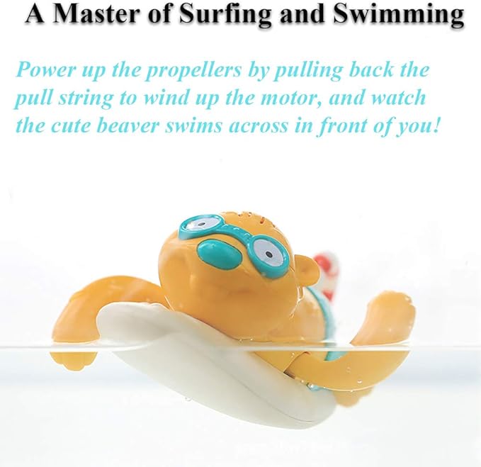 Pull String Baby Bath Toy Pull & Go Beaver Cute Surfing Beaver Swimming Beaver Windup Clockwork Bathtub Toy for Toddlers (Blue)
