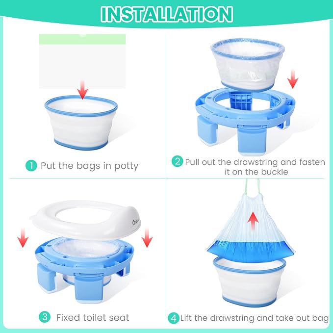 Orzbow Portable Potty Replacement Liners with Drawstring for Toddler Travel Toilet Chair Refill Bags, Toddler Potty Training Essentials, 100 Counts (9.5 x 12.6'')