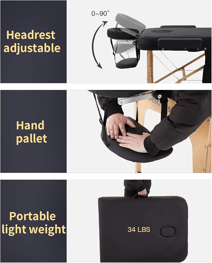 BestMassage Massage Bed Portable Massage Table 28 inch Wide Lash Bed Height Adjustable PU Leather 2 Folding with Towel Hanger Oil Pouch Half Bolster Round Bolster Non-Woven Bag
