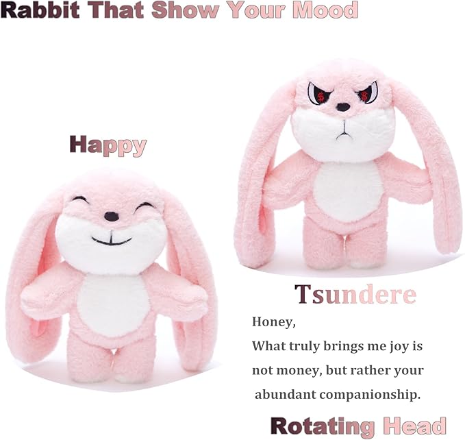 Bunny Plush Toy Stuffed Animal Funny Rotating Head Rabbit Plush Pillows Toy Cute Sensory Soft Stuffed Animals Doll That Show Your Mood Stuffed Bunny For Easter Christmas Birthday Gift，11in(Pink)