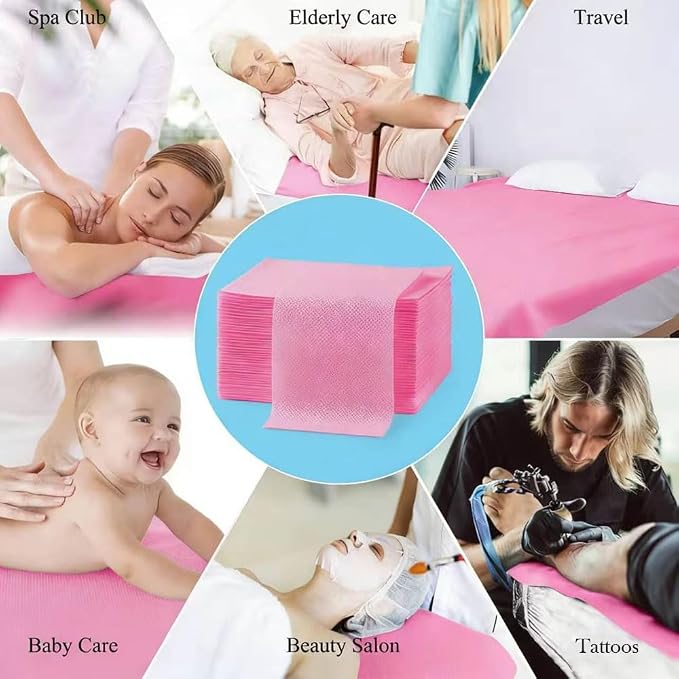 100Pcs Disposable Massage Table Sheets 31.5" x 71" Non-Woven Fabric Bed Covers for Ultimate Hygiene and Comfort in Massage, Tattoo, and Spa Treatments, Breathable and Durable Sheets(Pink)