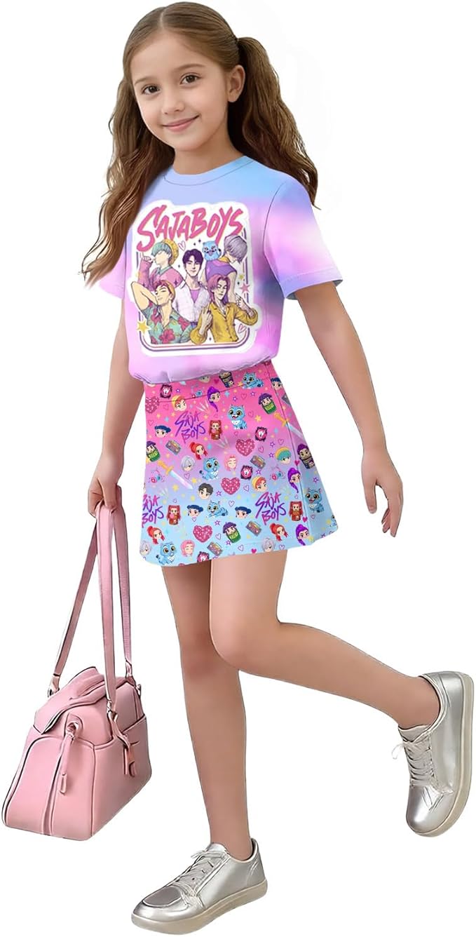 HTHLVMD K Pop Short Sleeve T-Shirt and Skirts Outfits Set for Girls Hunters Rumi Mira Zoey Graphic Tees De-Mon Costume