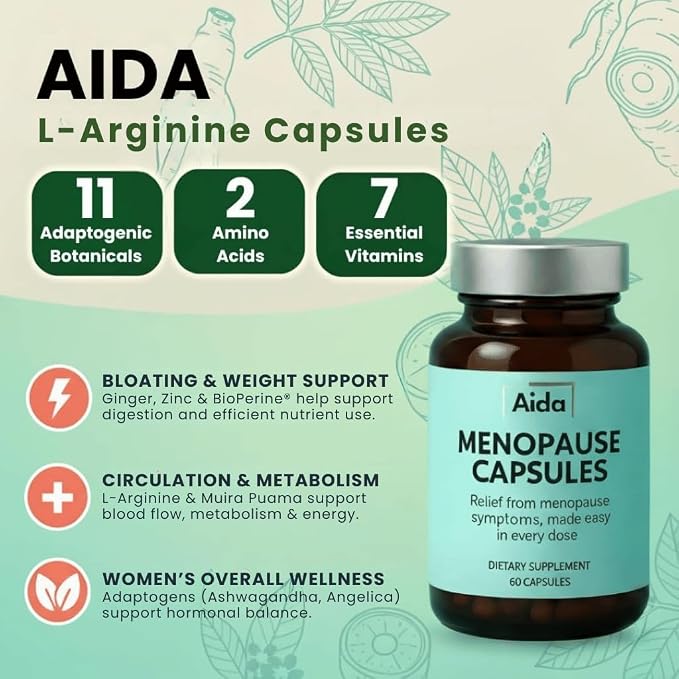 Aida™ - Menopause Capsules – Estrogen Support for Women with Ashwagandha, Maca & Tribulus – Weight Management, Bloating Relief, Hormonal Balance, Menopause Symptoms (30 Servings)