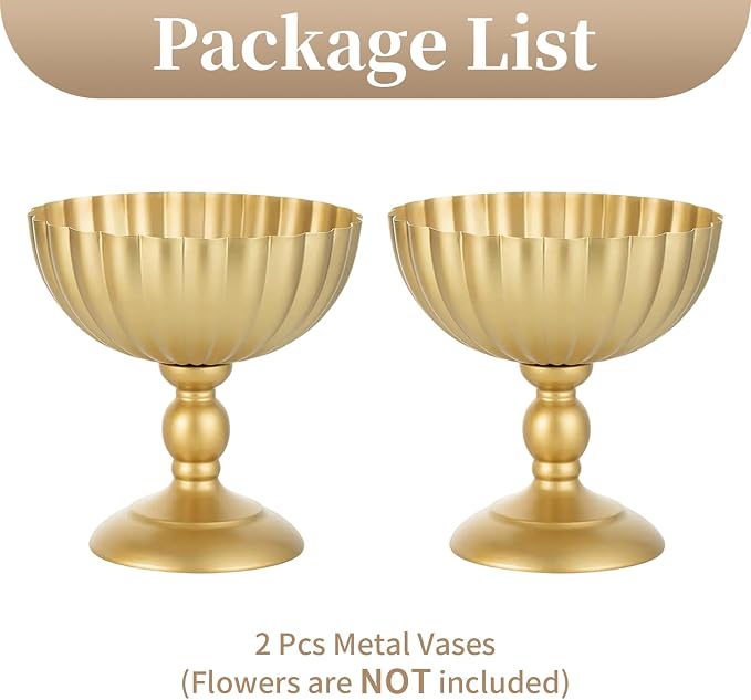 Sziqiqi Gold Urn Vase for Wedding, Tall Vases Centrepieces for Table, 2Pcs | 7.9in Compote Vase, Metal Flower Holder Vases for Floral Arrangement, Pedestal Footed Bowl for Birthday, Party, Anniversary