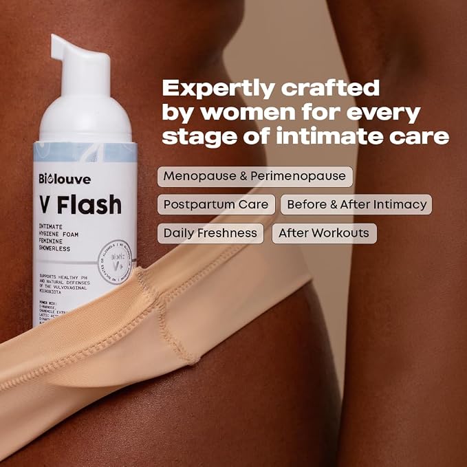 V Flash Rinse-Free Intimate Hygiene Foam - Ph Balance Feminine Wash for Women's Vulva Daily Care - BioticV+ - No Rinse Vaginal Cleanse & Odor Control for Menstruation, After Sex, Post-Workout