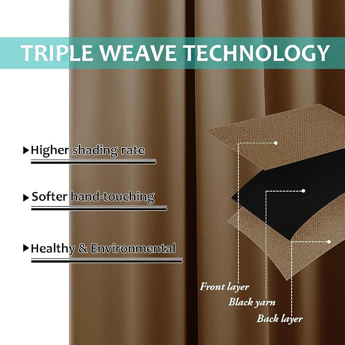 NICETOWN 100% Blackout Short Curtains with Black Liners, 2 Panels, 37" W by 40" L, Gold Brown, Solid Thermal Insulated Full Blackout 2-Layer Lined Drapes, Energy Efficiency Window Drapes for Bedroom