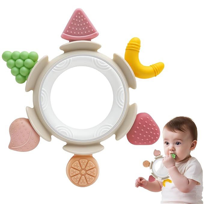 Baby Teething Ring Toy for 3-6-12 Months, Silicone Infant Teether for Sore Gum Relief, Soothing Sensory Chew Toy, Ideal Newborn Gift for Boys Girls Baby Shower, Birthday or Christmas, Brown