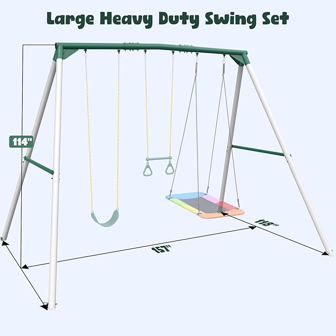 Hapfan 9.5' Tall Swing Sets for Backyard with Platform Swing, Heavy Duty Metal Swingset Outdoor for Kids with Trapeze Bar