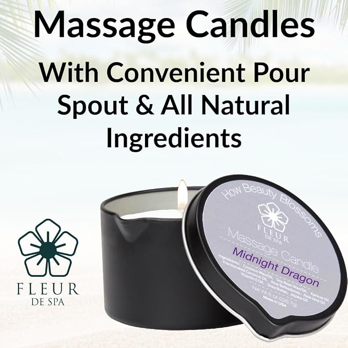 FLEUR DE SPA Massage Oil Candle – 6oz with Pour Spout – Made in USA – All Natural Coconut & Soy Blend – Melts to Warm, Alluring & Hydrating Body Oil – Perfect Spa & Gift Candle (Leather)