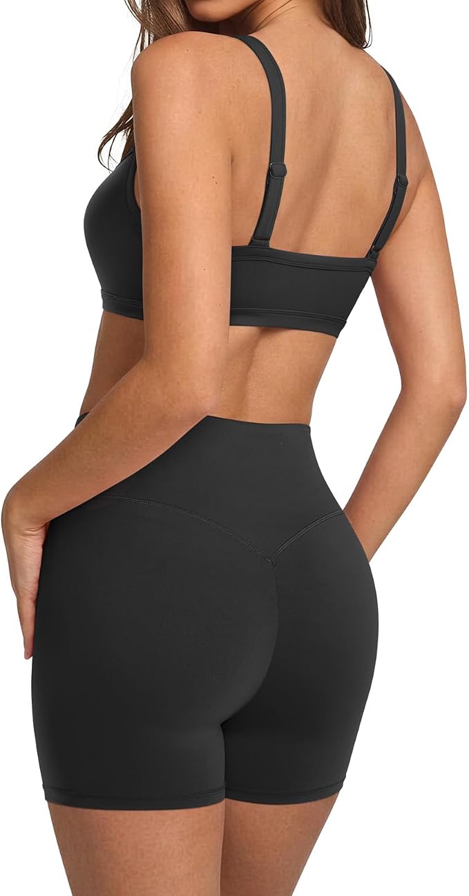 SUUKSESS Women Padded Workout Sets Adjustable Straps Sports Bra Tummy Control Biker Shorts