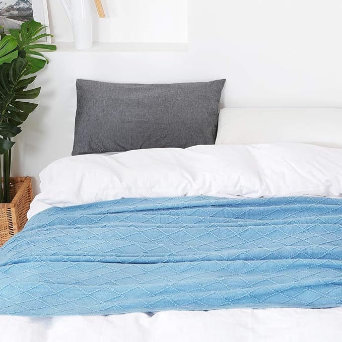 BOURINA Blue Throw Blanket 60x80 Inch Boho Knitted Soft Throw Sofa Blanket | Knitted Throw Blanket 60x80 Inches, Soft Lightweight Boho Weave Throw Decorative Couch Blanket for Living Room Bedroom Chair