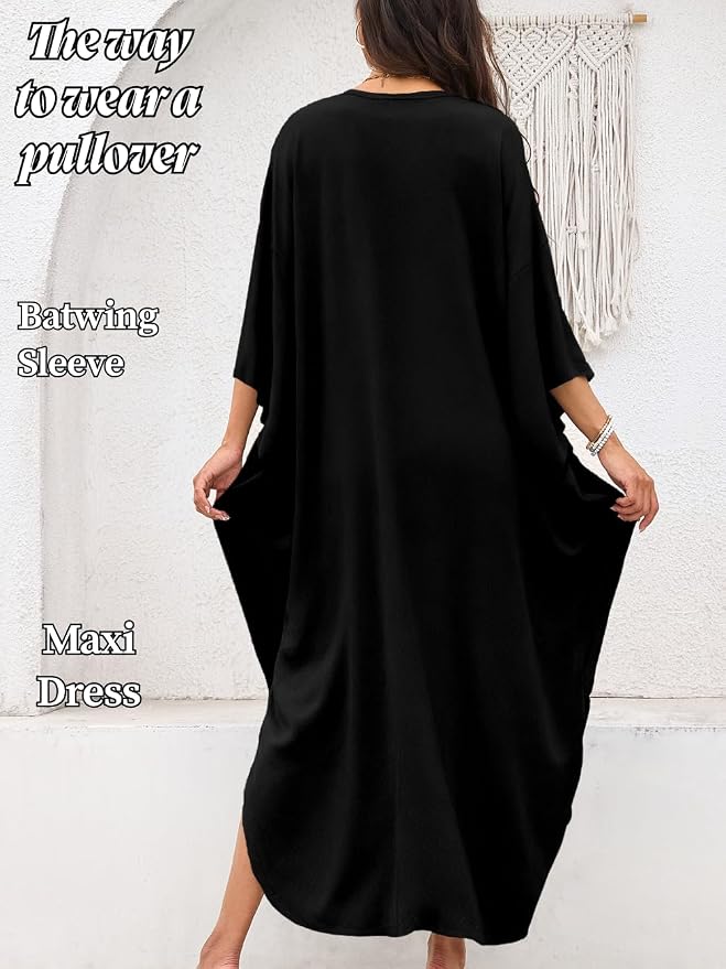 ChiaoLezhee Print Moo-Moos for Women, Kaftan Cover-Up Dresses, Sexy V-Neck High-Slit, Beach Pool-Party Coverups Muumuu Plus