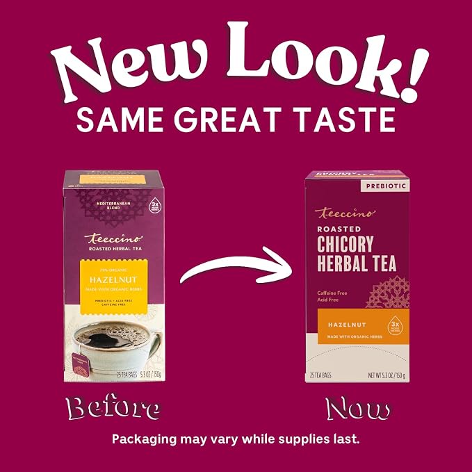 Teeccino Hazelnut Herbal Tea - 25 Tea Bags - Rich & Roasted Herbal Tea That’s Caffeine Free & Prebiotic for Natural Energy,
