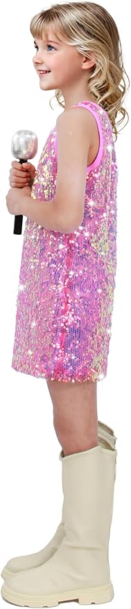 Girls Sequin Dress Sparkly Sleeveless Costume Prom Concert Party Outfit with Glitter Microphone Prop