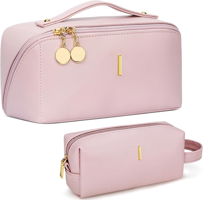 KKXIU Initial Makeup Bag for Women - Personalized Makeup Bag Gifts for Women, Travel Toiletry Bag with PU Leather, Open Flat Design with Top Handle, Cosmetic Bag Set with Multi-Pocket (Pink,I)