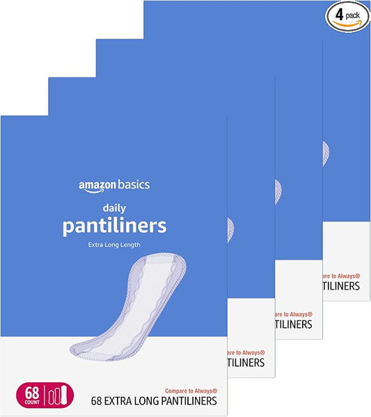 Amazon Basics Daily Pantiliner, Extra Long Length, Feminine Pads for Women, Unscented, Absorbent, 272 Count (4 Packs of 68) (Previously Solimo)