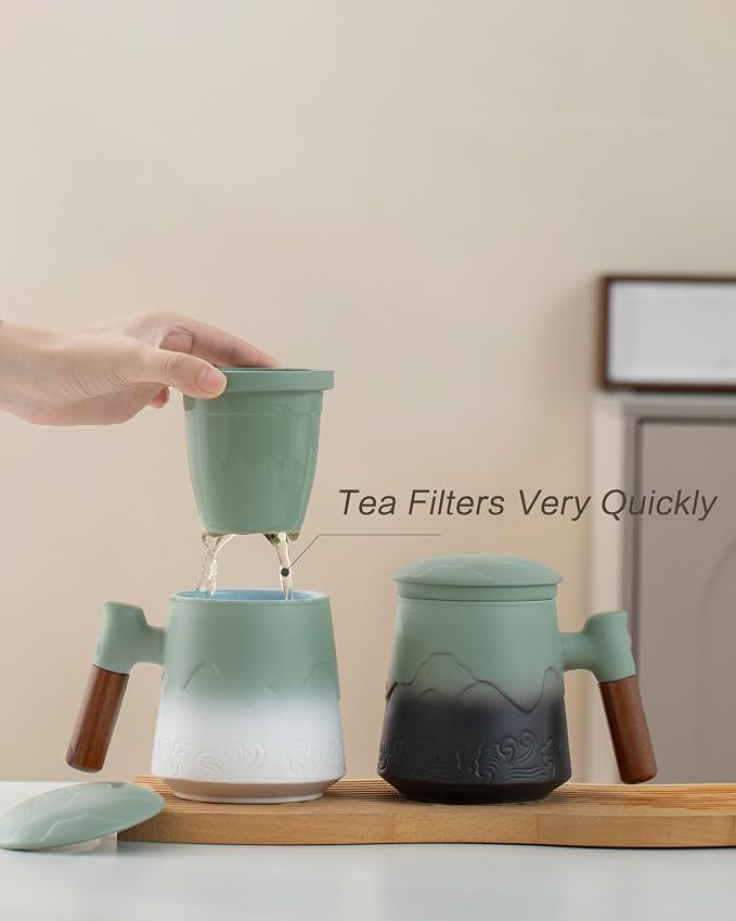 ZENS Tea Mug with Infuser and Lid for Loose Leaf Tea Steeper, 15.2oz Ceramic Tea Cup with Fine Tea Strainers and Absorb Coaster, Wood Handle Large Diffusers Mugs Tea Lovers Gifts