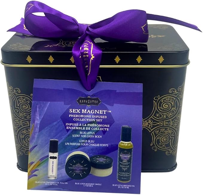 3 Piece Set Pheromone Infused Collection Set, Pheromone Infused Massage Oil - Unisex Blue Lotus Scent - Massage Oil Candle, Roller Ball, Complete Pheromone Collection Set In Gift Tin (Blue Lotus)
