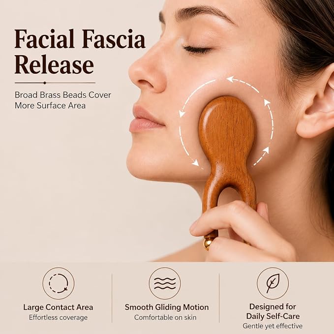 Scarab Acupressure Tool & Wooden Gua Sha Comb Set, Sandalwood Facial Massage Tools with Brass Beads for Face, Jawline, Scalp & Eye Care, Relaxation & Self Care Gift Set