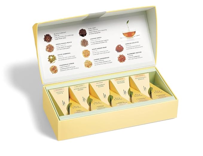 Tea Forte Premium Petite Presentation Box Gift Set Sampler, 10 Count, 2 of Each Blend Individually Wrapped Handcrafted Pyramid Infuser Bags, Assorted Classic